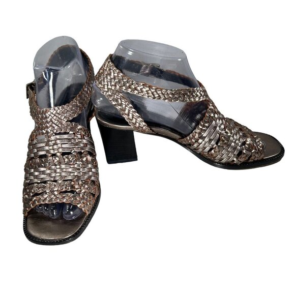 Amalfi by Stefania Shoes - Amalfi Metallic Woven Leather Sandals Block Heel Italy Sz 7 B Strappy Open Toe